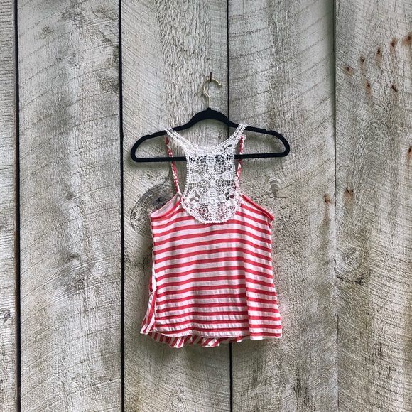 Mauve | coral striped top w/ ruffles and lace - Picture 2 of 5